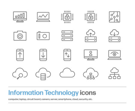 A simple icon set about Internet technology. Illustrations of images related to business or the Internet, such as computers, boards, security, cameras, clouds, and servers.のイラスト素材