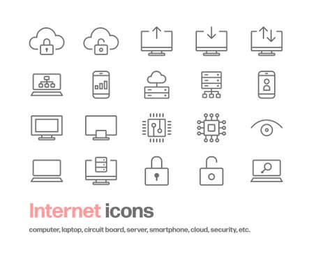 A set of icons related to the Internet and computers. A set of simple line drawing icons for cloud, security, PC, smartphone, server, semiconductor, etc.のイラスト素材