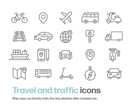 An illustration set of vehicles such as cars and bicycles and icons related to traffic such as railroad tracks, maps, and compassesのイラスト素材