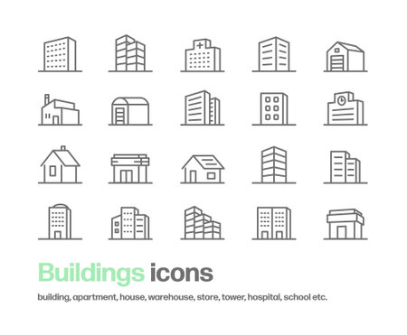 Three-dimensional icon sets of various structures. It contains simple icons for buildings, hospitals, warehouses, factories, houses, schools, shops, streetscapes, towers, etc.のイラスト素材