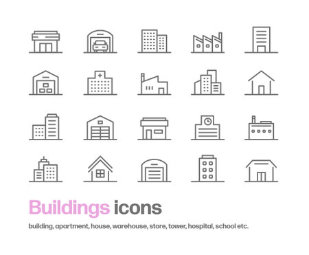 Simple icon set of various structures. It contains icons for buildings, hospitals, warehouses, factories, houses, schools, shops, streetscapes, towers, etc.のイラスト素材