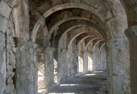 This is  the gallery of Roman theatre in Aspendos, an ancient Greco-Roman city in Antalya province of Turkey  The raw of masonry vaults composes a gallery の写真素材