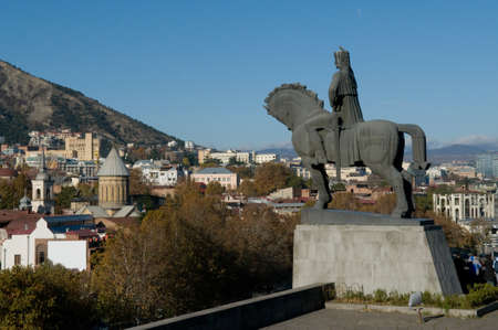 Monument of Vakhtang Gorgasali, Kingdom of Iberia, who founded Tbilisi is in the foreground  The...
