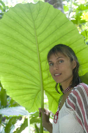 Woman is situated against the big tropic leaf. It is seen that tropic plants may have gigantic size.の写真素材