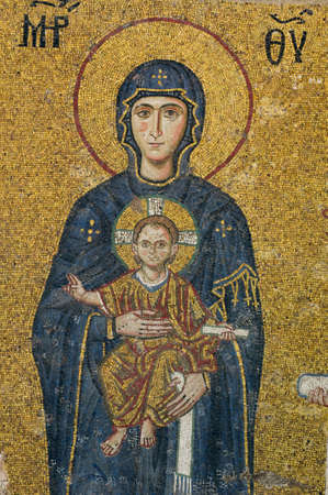 This is fragment of decoration in Hagia Sophia, Istanbul, Turkey. Virgin Mother and Child (Theotokos) are pictured on the apse mosaics.のeditorial素材
