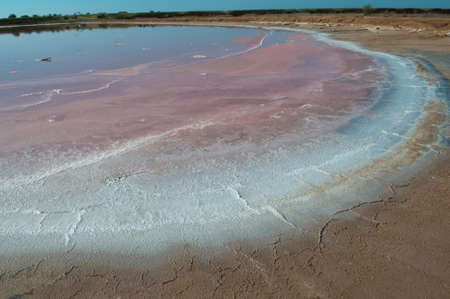 Water surface is multicolored, salt deposit formed white crystals at the edge  This salt lake is situated in Arabat Spit  Arabat beli  - Kherson Oblast, Ukraine の写真素材