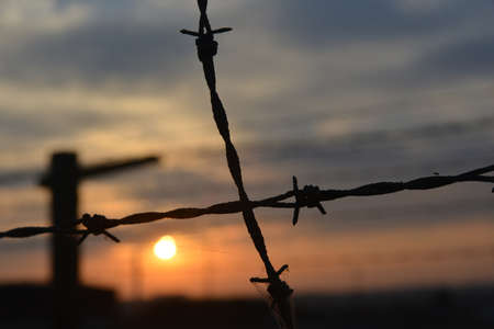 Close-up of old barb-wire fence against the sunset. Place - Majdanek concentration camp in Lublin (Poland).の写真素材