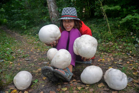 Girl with Giant puffballs sits on road in forest.の写真素材
