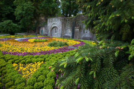 Beautiful flowered bed on terrace of Lillafured park. Hungary.の写真素材