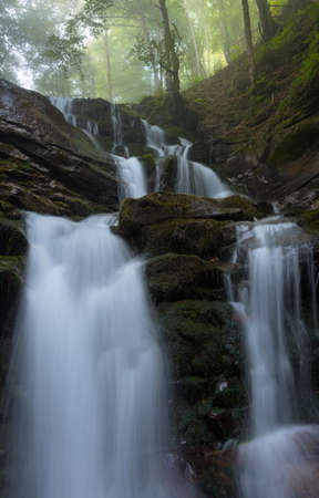 Shypit waterfall among green trees and plants. Sunlit forest in background.