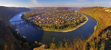 Top view. Zalishchyky surrounded with Dniester river. Autumn.