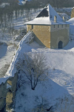 Khotyn external defensive wall and tower. Winter.の写真素材