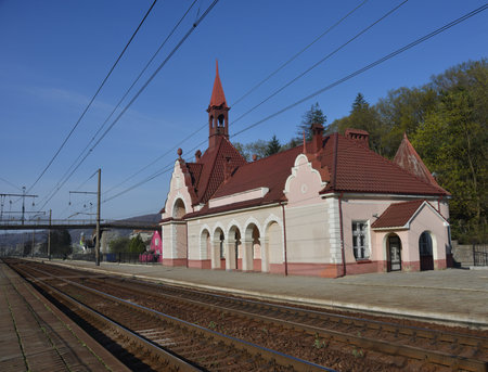 Railway station Sanatoriy Carpati (Sanatorium Karpaty). Bright blue sky takes up one third of the image.の写真素材