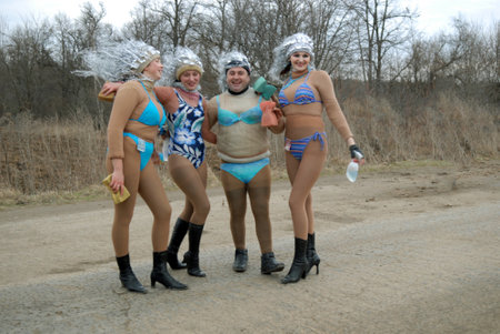 Goroshova, Ternopil Oblast, Ukraine - 14.01.2013: Participants of Malanka carnival meet guests at the entrance to the village.のeditorial素材