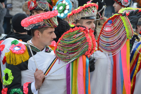 Chernivtsi, Chernivtsi Oblast, Ukraine - 15.01.2013 : Malanka parade in Chernivtsi. Dressed up young people on symbolic handmade horses.のeditorial素材