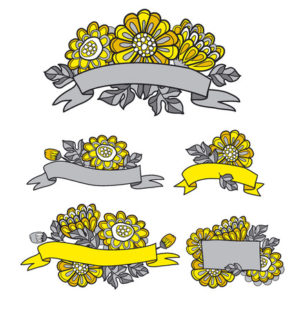 yellow decorative stylized daisy floral fall element. flower bouquet with stripeのイラスト素材