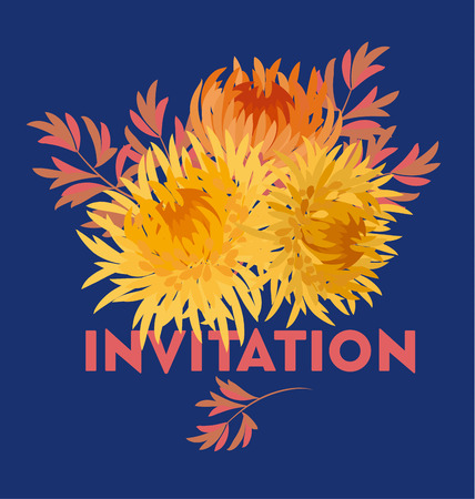 yellow autumn chrysanthemum flower card template. golden-daisy floral illustration. decorative elegant brightly colored ornamental aster fall blossom.のイラスト素材
