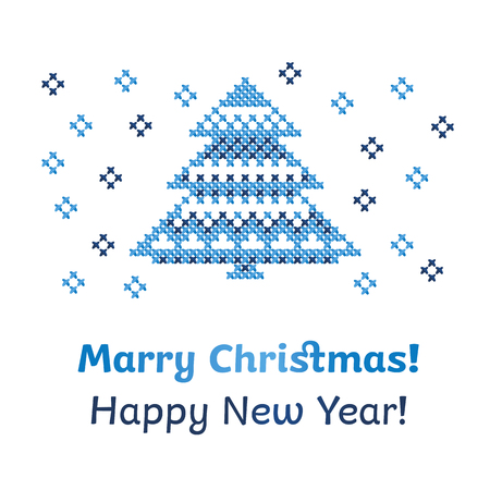 peasant folk rustic motif of christmass tree cross stitch pattern. vector illustration of new year greetings cardのイラスト素材