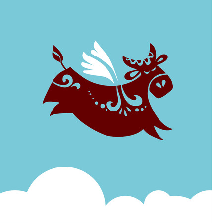 concept cow cartoon silhouette. vector illustration of simple icon style flying cow.beef meat symbol in rustic peasant styleのイラスト素材