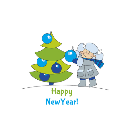 Little boy with christmas tree. Adorable kids in winter clothes playing outdoor. Christmas celebration children cartoon vector illustration. Simple cute xmas motif.のイラスト素材