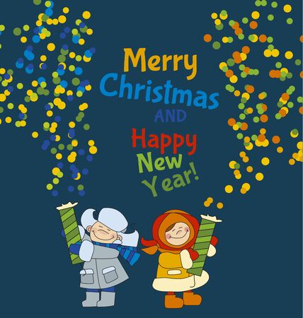 Little boy and girl shooting firecracker or fireworks. Adorable kids in winter clothes playing outdoor. Christmas celebration children cartoon vector illustration. Simple cute xmas motif.のイラスト素材