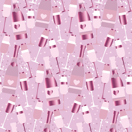 seamless pattern with sparkling alcohol beverage. celebration repeatable motif with golden champagne. assorted sparkling wine glasses and bottles. champagne concept flat vector illustration.のイラスト素材