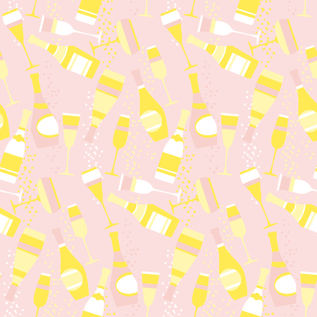 seamless pattern with sparkling alcohol beverage. celebration repeatable motif with golden champagne. assorted sparkling wine glasses and bottles. champagne concept flat vector illustration.のイラスト素材