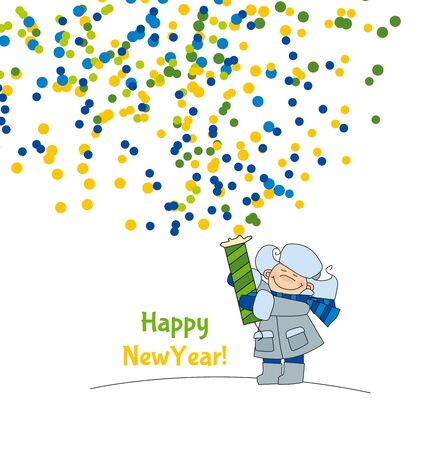Tiny boy playing with slapstick petard.Adorable kids in winter clothes playing outdoor. Christmas celebration children cartoon vector illustration. Simple cute xmas motif.のイラスト素材