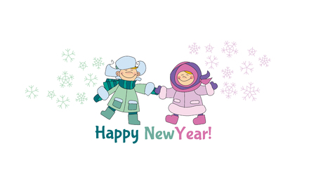 Boy and girl playing in the snow concept. Adorable kids in winter clothes playing outdoor. Christmas celebration children cartoon vector illustration. Simple cute xmas motif.のイラスト素材