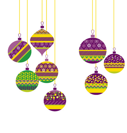 colorfut green and purple christmas baubles set, flat style xmas decoration vector illustrationのイラスト素材