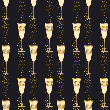 elegant light seamless pattern with sparkling wine glasses on black background. celebration repeatable motif with golden champagne for wrapping paper, wallpaper, fabric, background.のイラスト素材