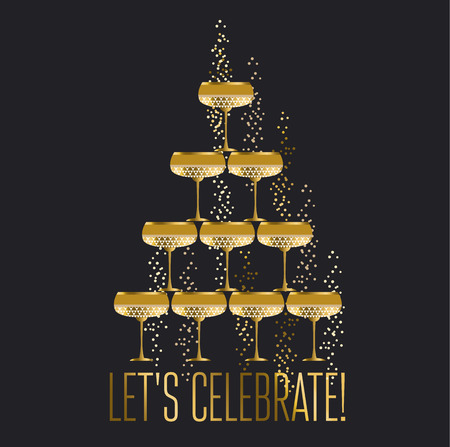 gold sparkling champagne glass pyramid flat vector illustration on night background. festive wedding wineglasses in tower design for poster, invitation and cards.のイラスト素材