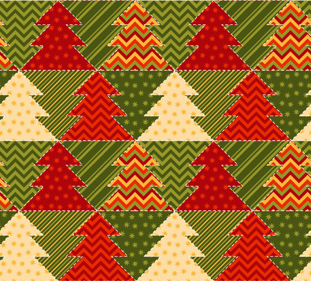 christmas tree green and red color abstract background in patchwork style. seamless pattern vector illustration with fir tree. repeatable peasant style patch fabric motifのイラスト素材