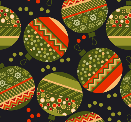peasant ornament patchwork xmas bubbles seamless pattern. cosy Christmas bulbs motif with assorted fabrics. red and green abstract Christmas vector illustration.のイラスト素材