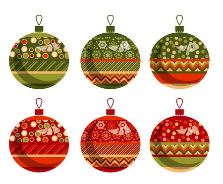 traditional ornament patchwork xmas bubbles illustration. cosy Christmas bulbs motif with assorted fabrics. red and green abstract Christmas vector element.のイラスト素材