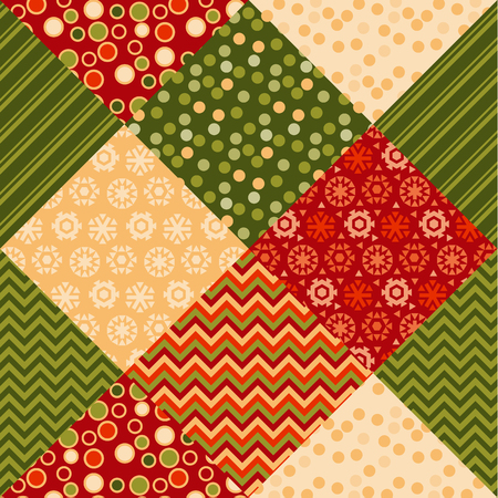 traditional ornament patchwork pattern illustration. seamless repeatable motif of assorted fabrics. red and green abstract Christmas vector background.のイラスト素材