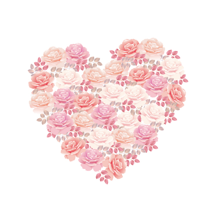 tender color pink rose bouquet in heart shape. elegant vector illustration design element for valentines greeting card of wedding invitation on white backgroundのイラスト素材