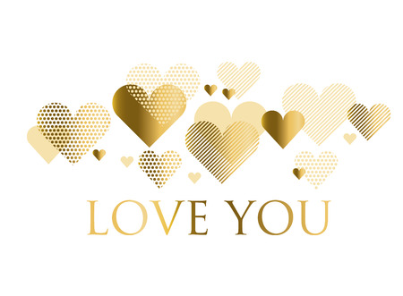 Vector illustration for holiday design. Many gold and black hearts on white background. Header For wedding card, valentine day greetings, lovely frame.のイラスト素材