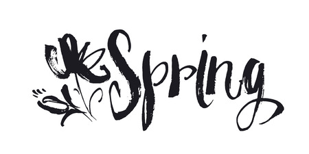 hand drawn Spring word lettering with abstract flowers. concept shabby sketch style image for print and webのイラスト素材