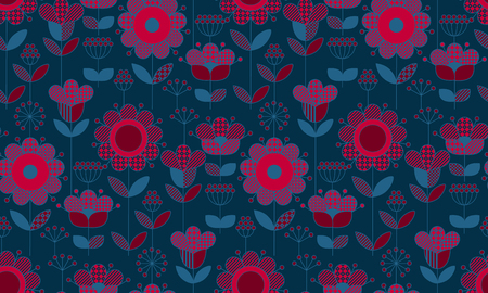 Rustic style decorative surface design inspired by traditional folk European ornaments. Deep blue and red seamless pattern for background, wrapping paper in boho vibes.のイラスト素材
