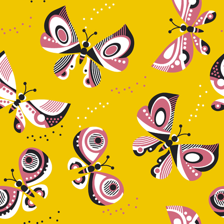 Butterfly seamless vector pattern for surface design. bright summer style floral color repeatable motif on sunny yellow backgroundのイラスト素材
