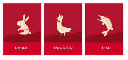concept restaurant poster set with french food - rooster, pike, rabbit. vector illustration rith cafe signs setのイラスト素材