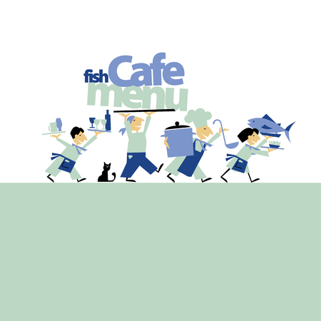 A sea fish cafe menu header with writers. vector illustration on on white backgroundのイラスト素材