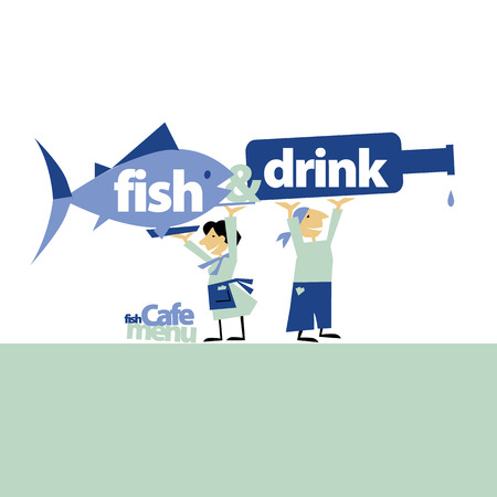 A sea fish cafe menu header with writers. vector illustration on on white background.のイラスト素材