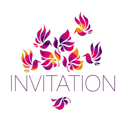 A colorful decorative flat bird and tropical plant invitation card template, vector illustration.のイラスト素材