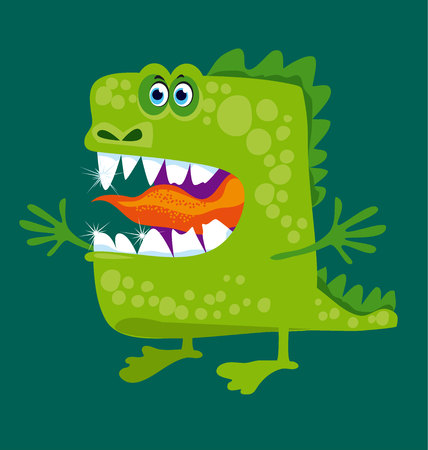 funny fairy dragon with big teeth and open hug. vector illustrationのイラスト素材