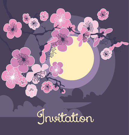 cherry blossom and moon in the night on dark gray background. vector illustrationのイラスト素材
