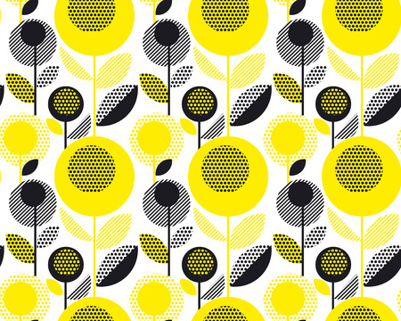 black and yellow textured 60s floral retro pattern. geometry decorative style vintage flower seamless motif. vector illustrationのイラスト素材