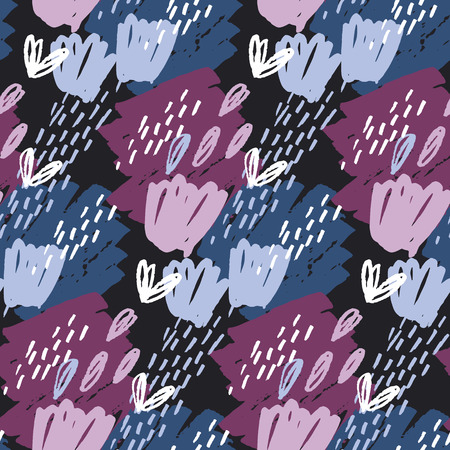 seamless pattern bright color wallpaper on black background. vector illustration for fabric with floral natural motif. pencil drawn paint stroke abstract elementsのイラスト素材