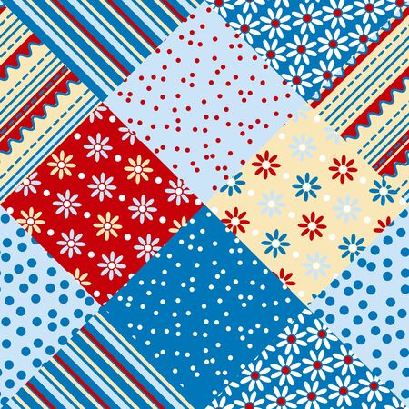 red and blue traditional patchwork vector seamless pattern.  flower and  polka dot fabric motifのイラスト素材